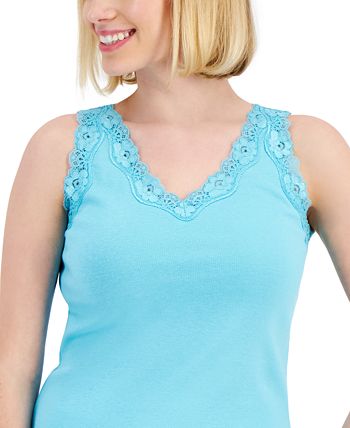 Karen Scott Petite Cotton Lace-Trim Tank Top, Created for Macy's - Macy's