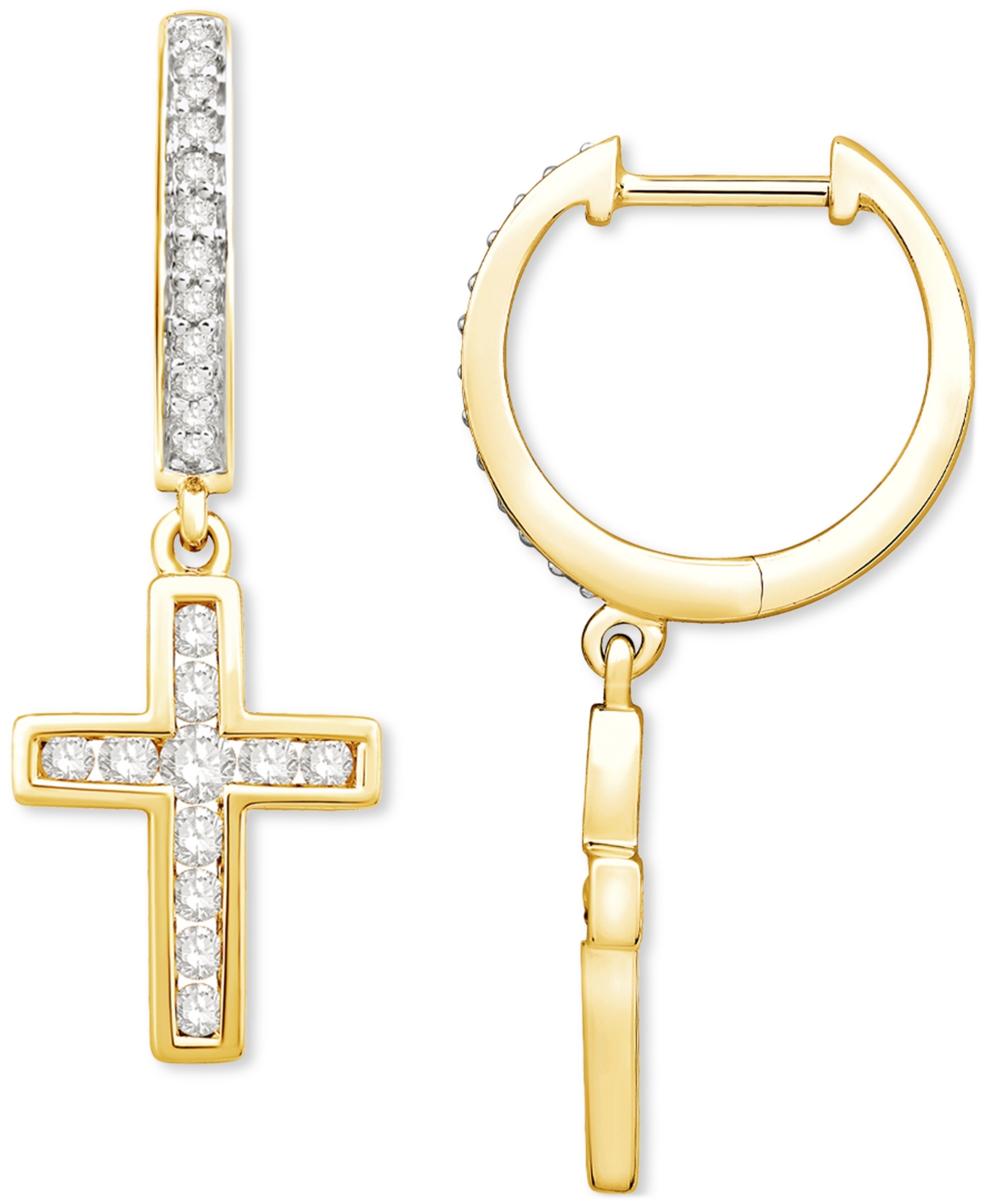 Macy's Diamond Dangle Cross Hoop Earrings (1/2 Ct. Tw.) In 14k Yellow Gold In Yellow Gold