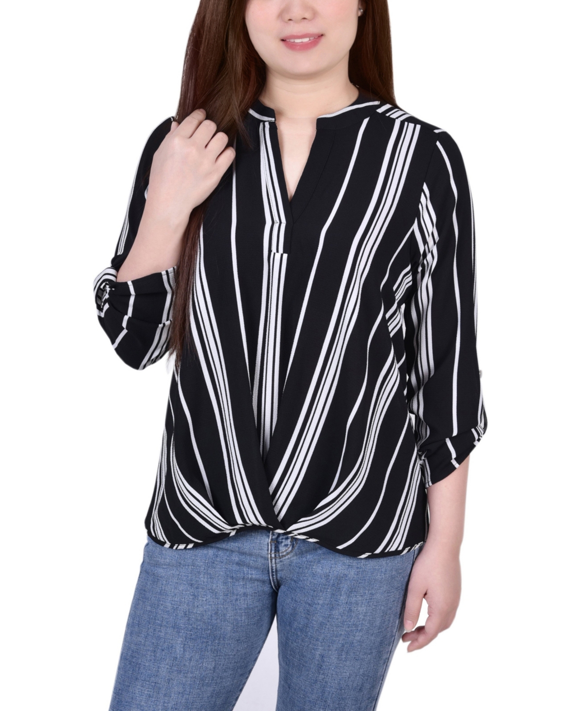 NY COLLECTION WOMEN'S 3/4 PUSH TAB MANDARIN COLLAR BLOUSE WITH FRONT PLEATS
