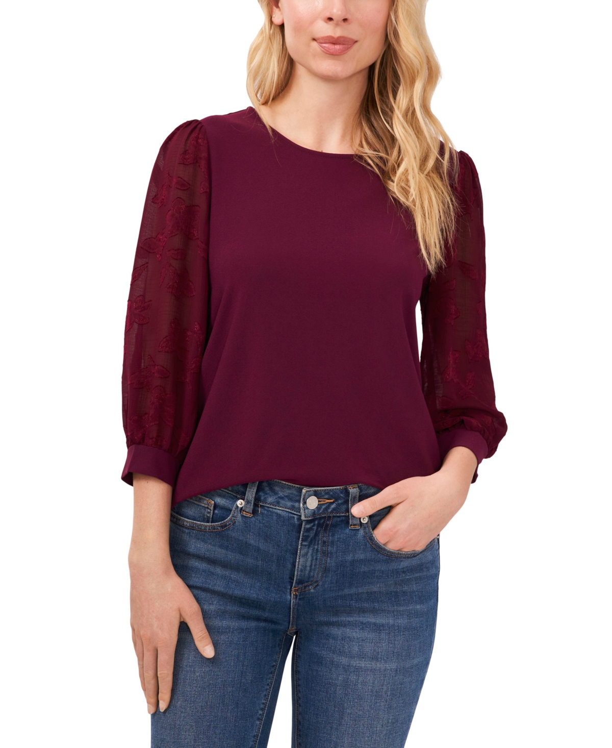Cece Lace Sleeve Stretch Crepe Blouse In Deep Marsala