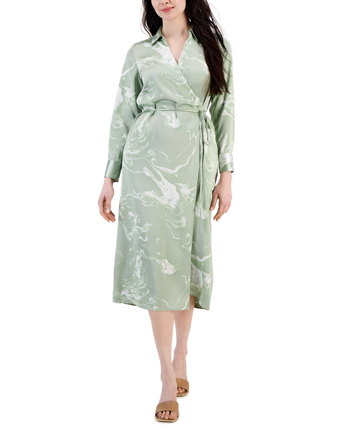 Alfani Women's Printed Long-sleeve Satin Wrap Dress, Created For Macy's In Green Marble