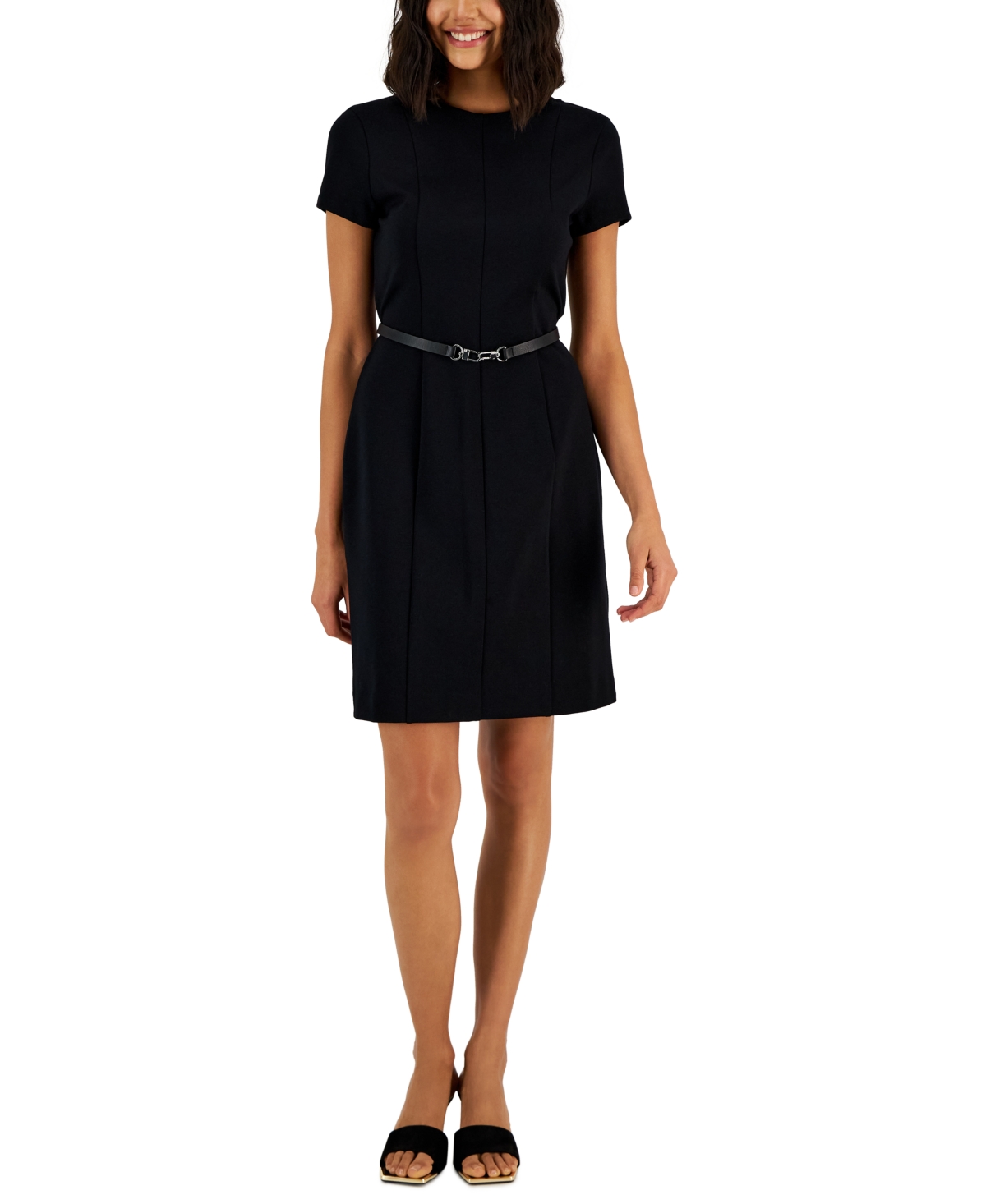 Alfani Women's Short-sleeve Belted Dress, Created For Macy's In Deep Black