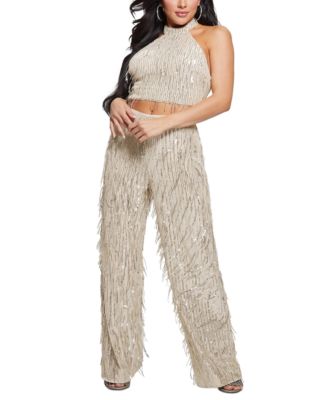 GUESS WOMENS MIA SEQUINED MOCK NECK CROPPED FRINGE TOP HEIDI SEQUINED FRINGE PANTS