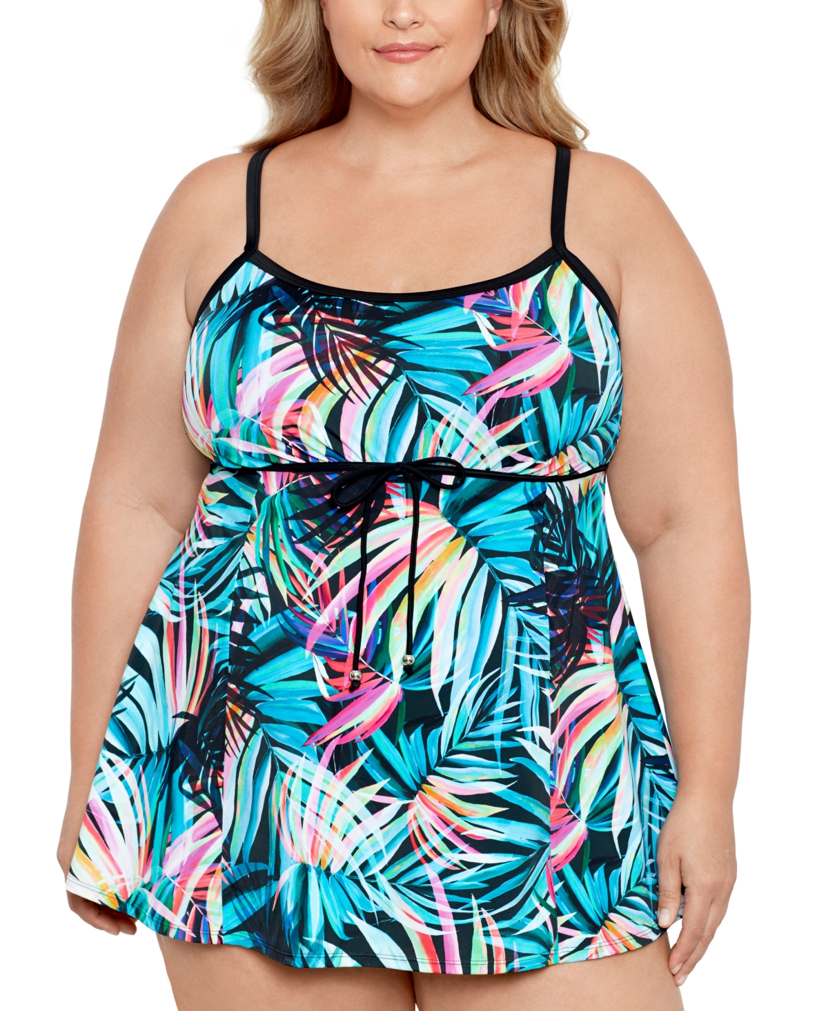 Swim Solutions Women's Tummy-control Empire-waist Swimdress, Created For Macy's Women's Swimsuit In Fiesta Fronds