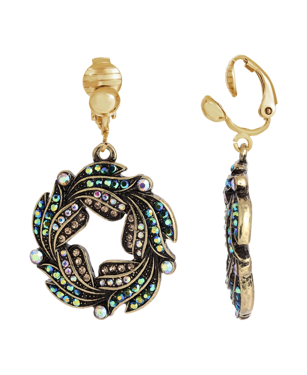 2028 Women's Gold-tone Blue Iridescent Ab Glass Stone Wreath Clip Earrings In Multi