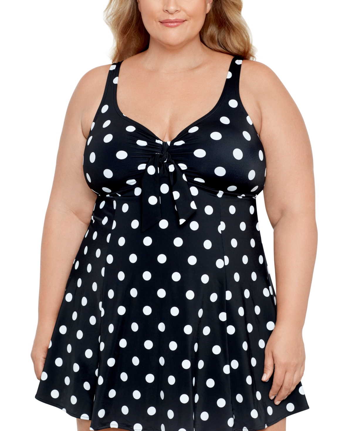 Plus Size Tummy Control Bow Front Swimdress, Created For Macy's - Vintage Dotty