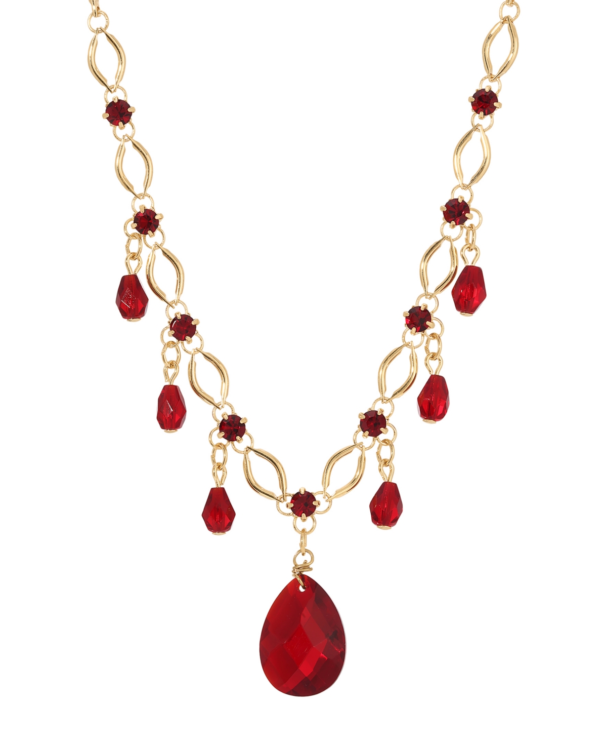 2028 Gold-tone Siam Red Bead Pendant Necklace