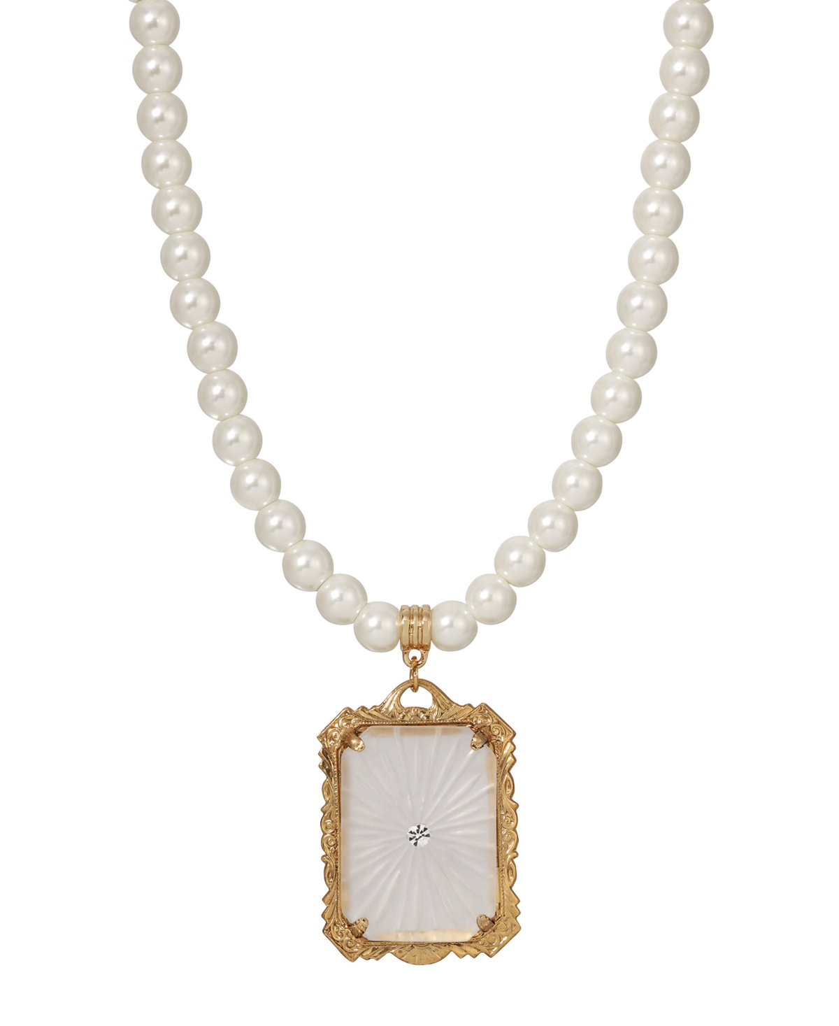 2028 Gold-tone Frosted Lalique Inspired Square Pendant Necklace In White