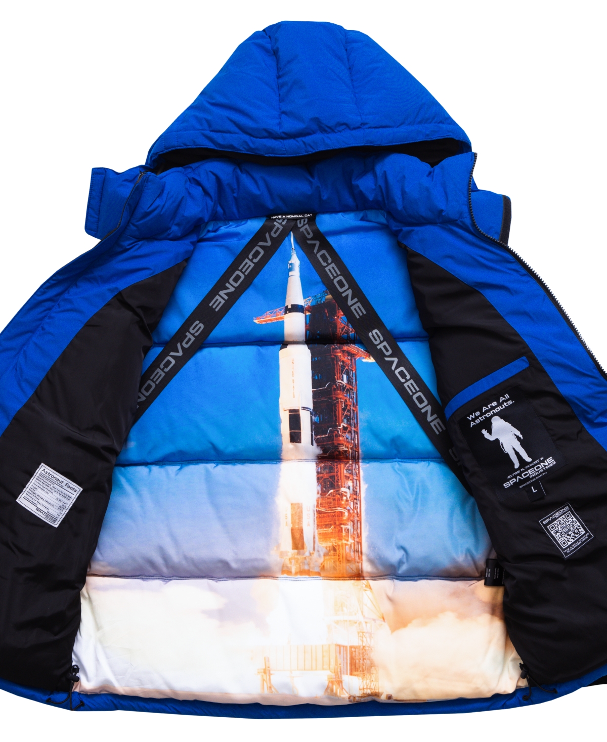 Space One Men's Nasa Inspired Hooded Puffer Jacket with Printed Astronaut Interior