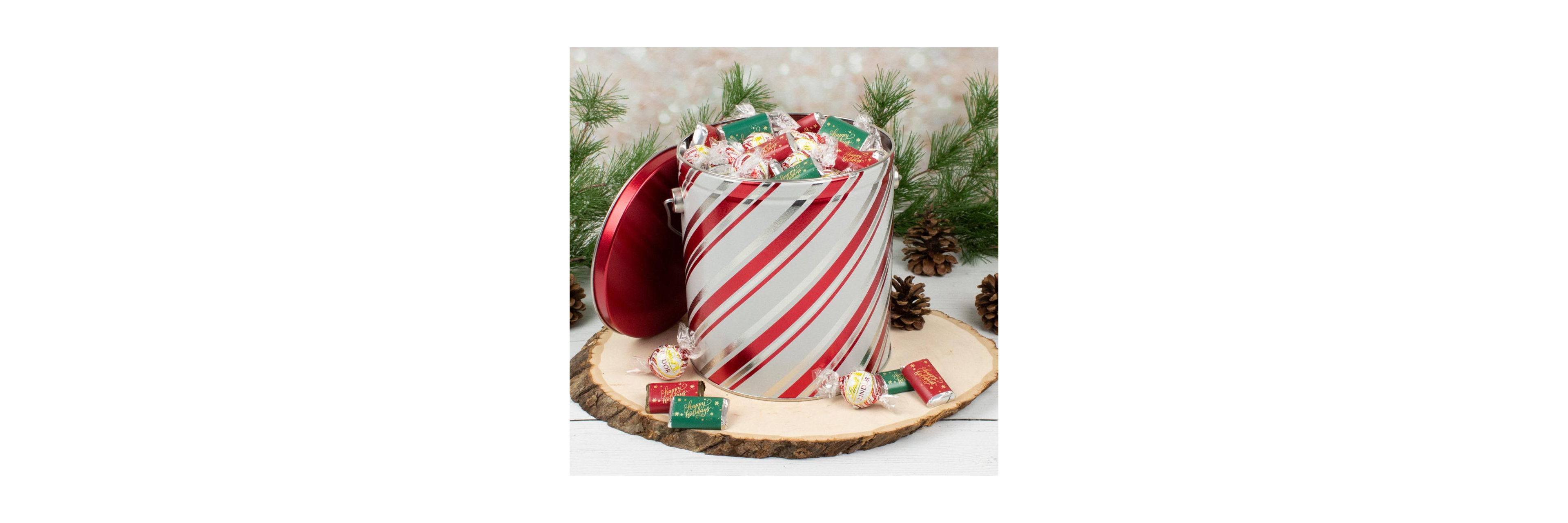 Just Candy Christmas Chocolate Gift Tin Hershey's Miniatures & Lindt Truffles - Candy Stripes, 3 Pounds