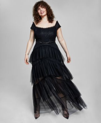 City Studios Trendy Plus Size Tiered-Tulle Glitter-Knit Gown - Macy's