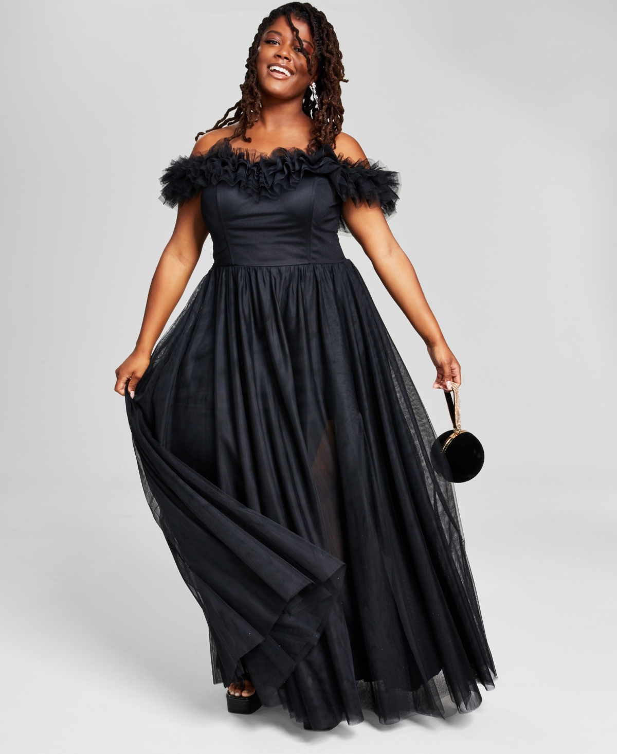 City Studios Trendy Plus Size Tulle-trim Off-the-shoulder Gown In Black