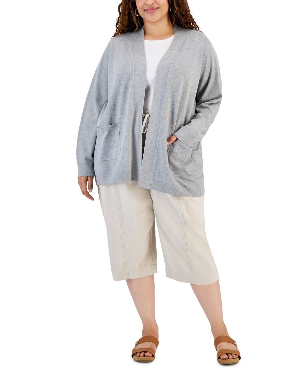 Karen Scott Plus Size Two-pocket Cardigan, Created For Macy's In Smoke Grey Heather