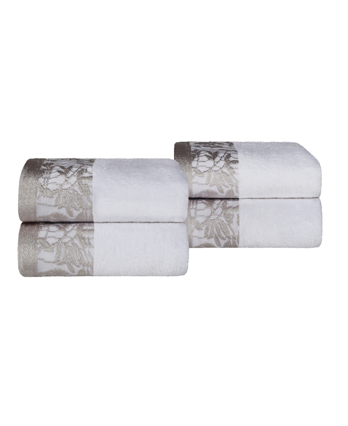 Superior Wisteria Floral Embroidered Jacquard Border Cotton Hand Towel Set, 4 Pieces In White