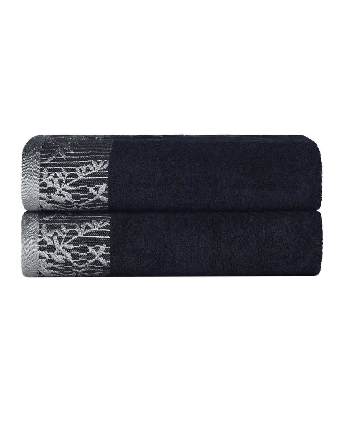 Superior Wisteria Floral Embroidered Jacquard Border Cotton Bath Towel Set, 2 Pieces In Gray
