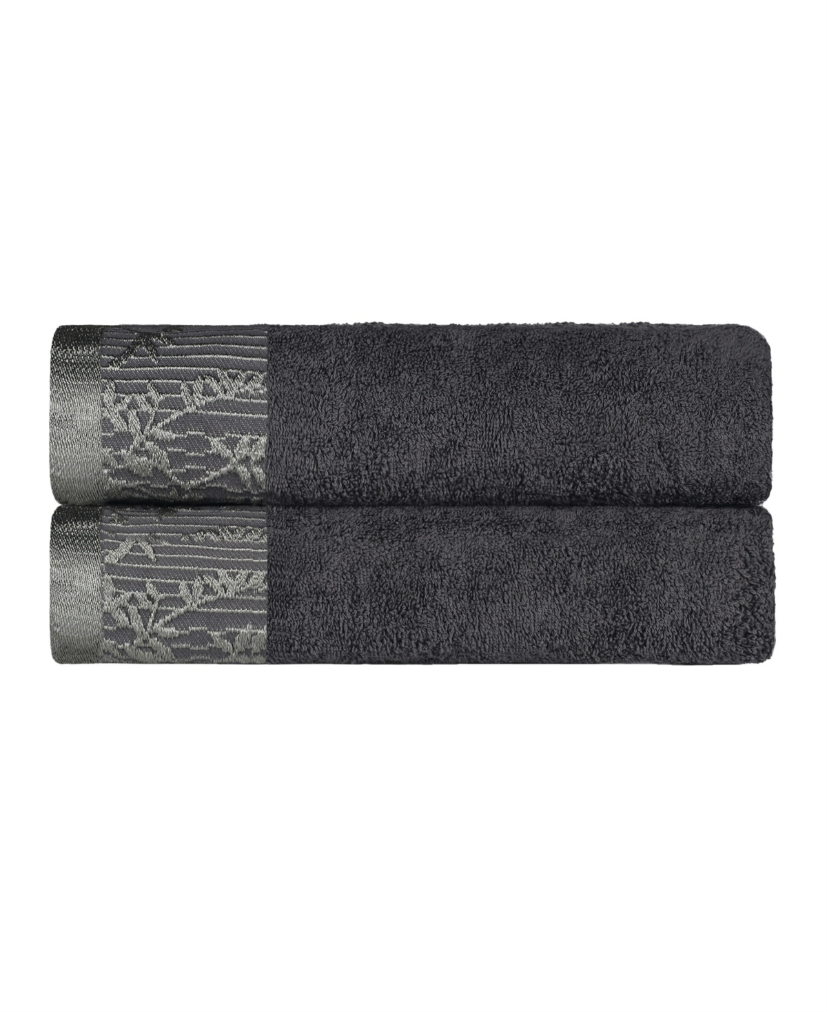 Superior Wisteria Floral Embroidered Jacquard Border Cotton Bath Towel Set, 2 Pieces In Gray
