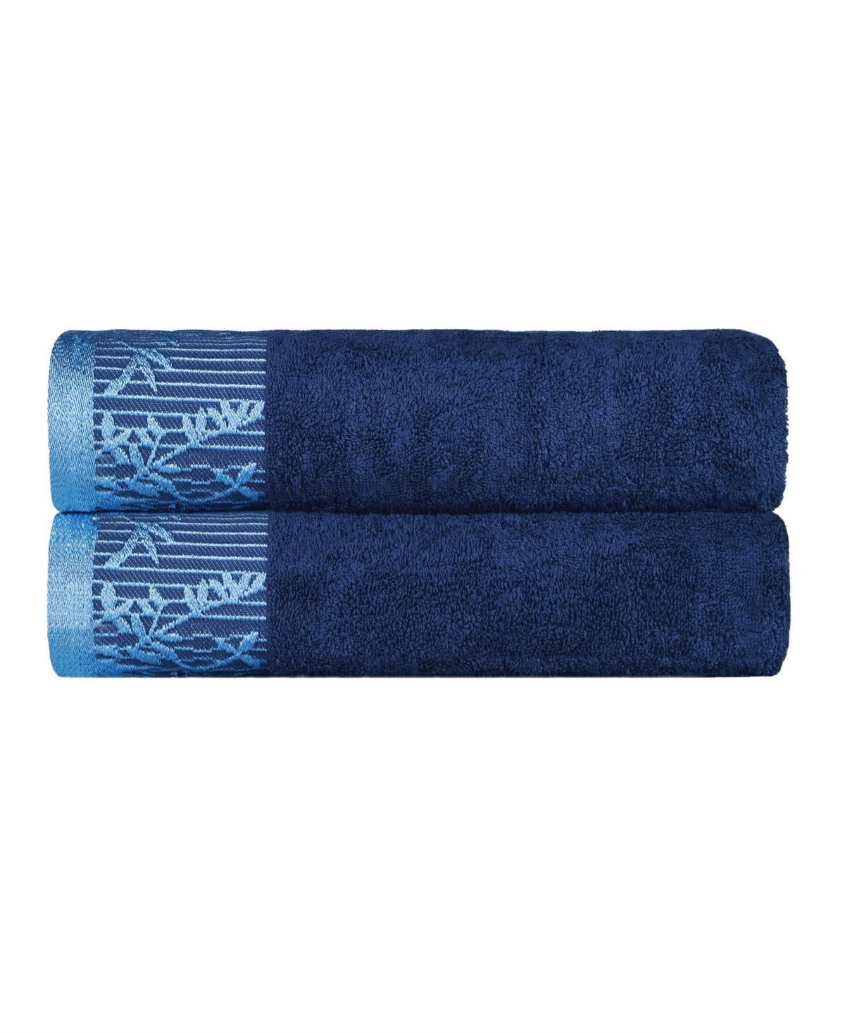 Superior Wisteria Floral Embroidered Jacquard Border Cotton Bath Towel Set, 2 Pieces In Navy Blue