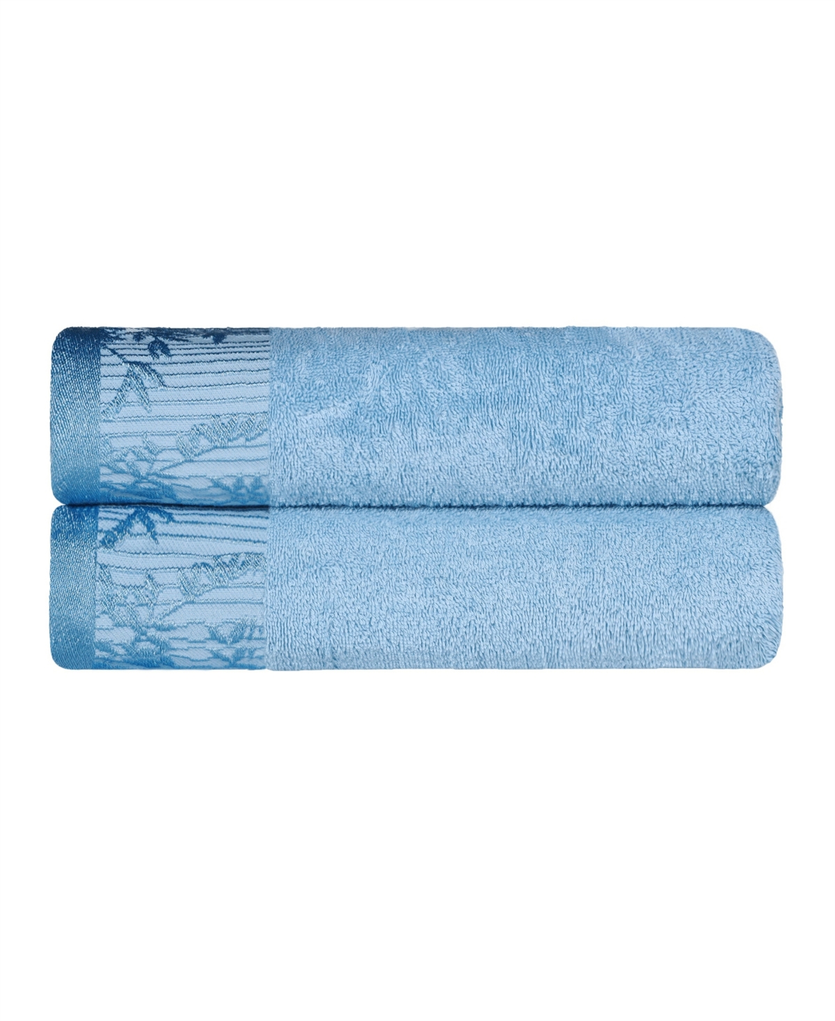 Superior Wisteria Floral Embroidered Jacquard Border Cotton Bath Towel Set, 2 Pieces In Waterfall