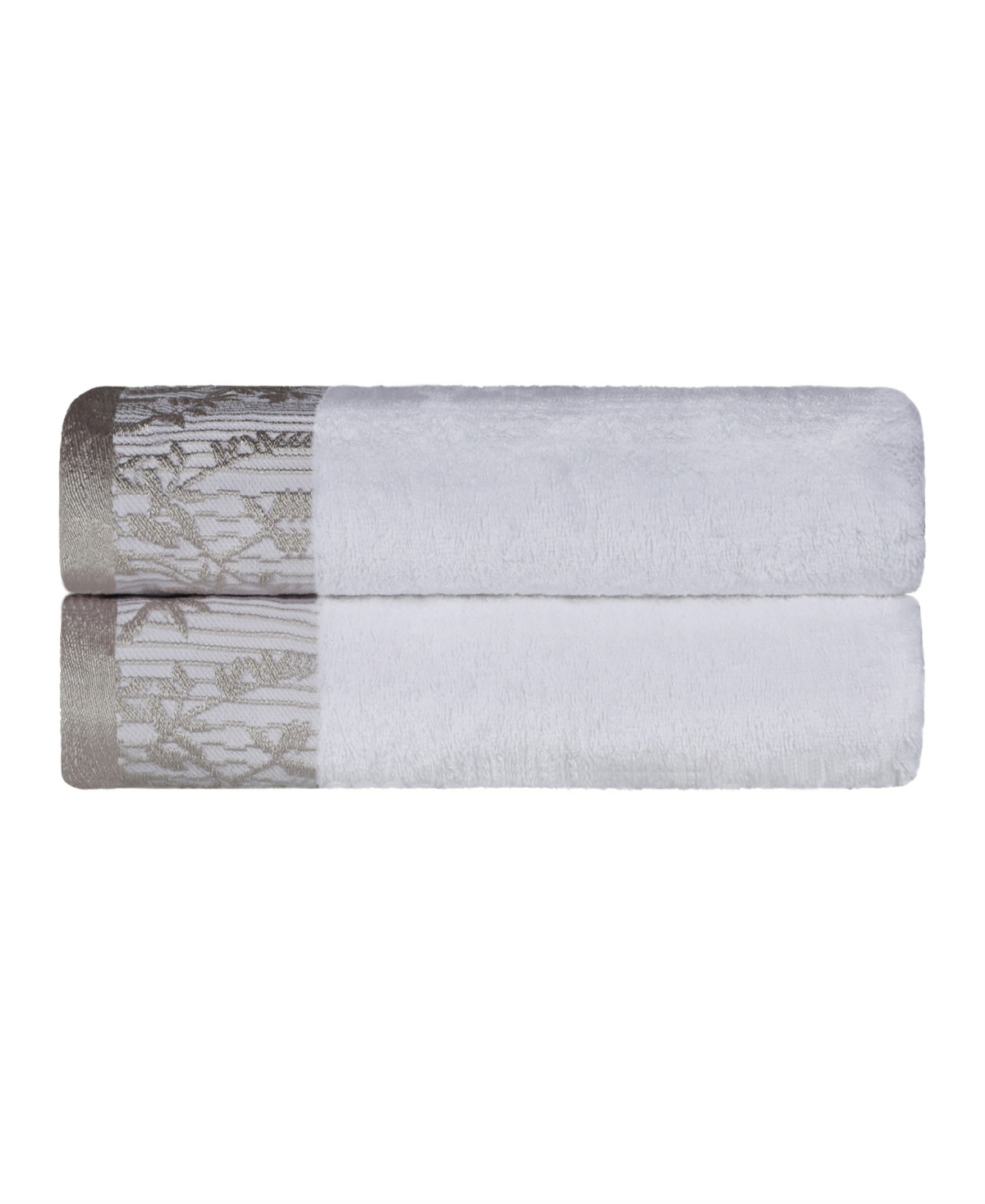Superior Wisteria Floral Embroidered Jacquard Border Cotton Bath Towel Set, 2 Pieces In White