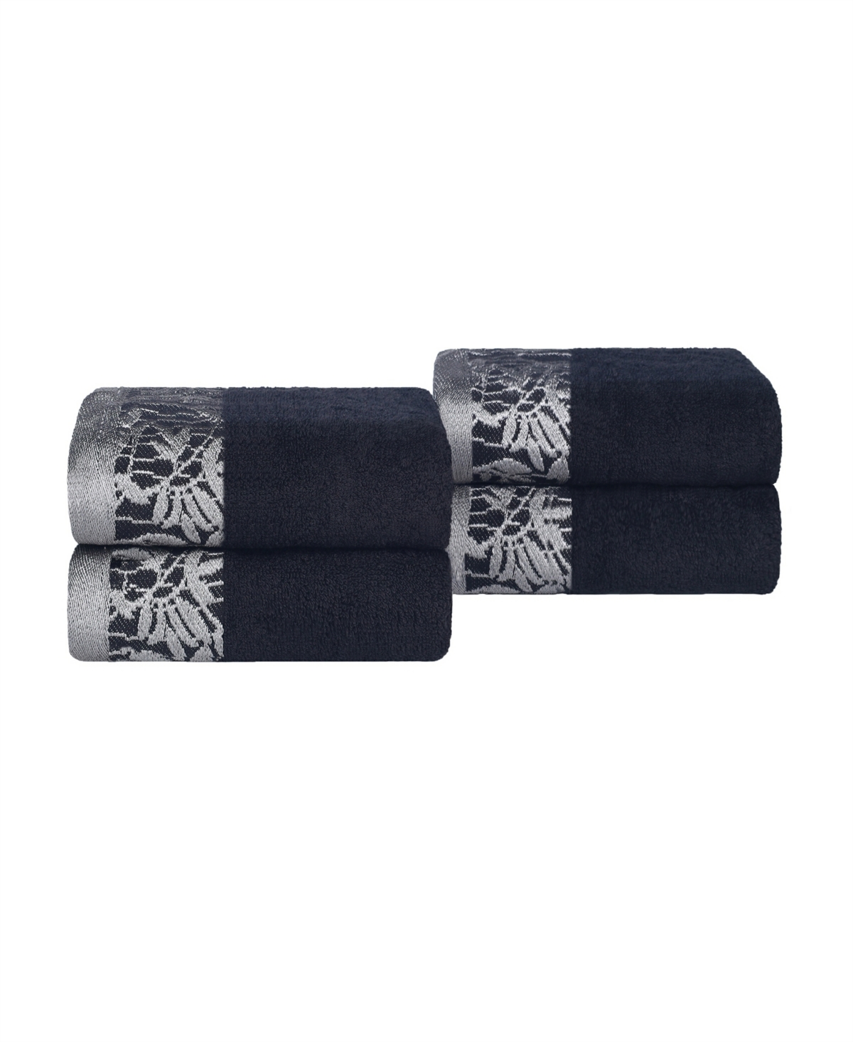 Superior Wisteria Floral Embroidered Jacquard Border Cotton Hand Towel Set, 4 Pieces In Black