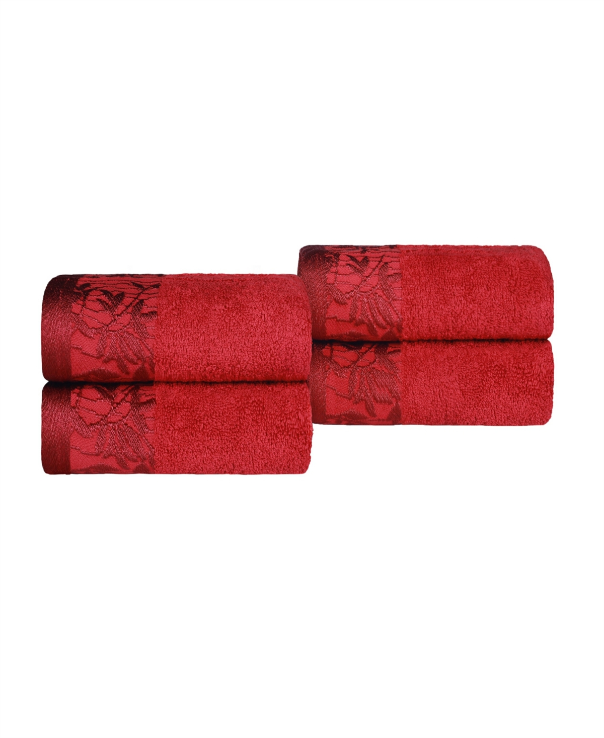 Superior Wisteria Floral Embroidered Jacquard Border Cotton 4 Piece Hand Towel Sets In Garnet