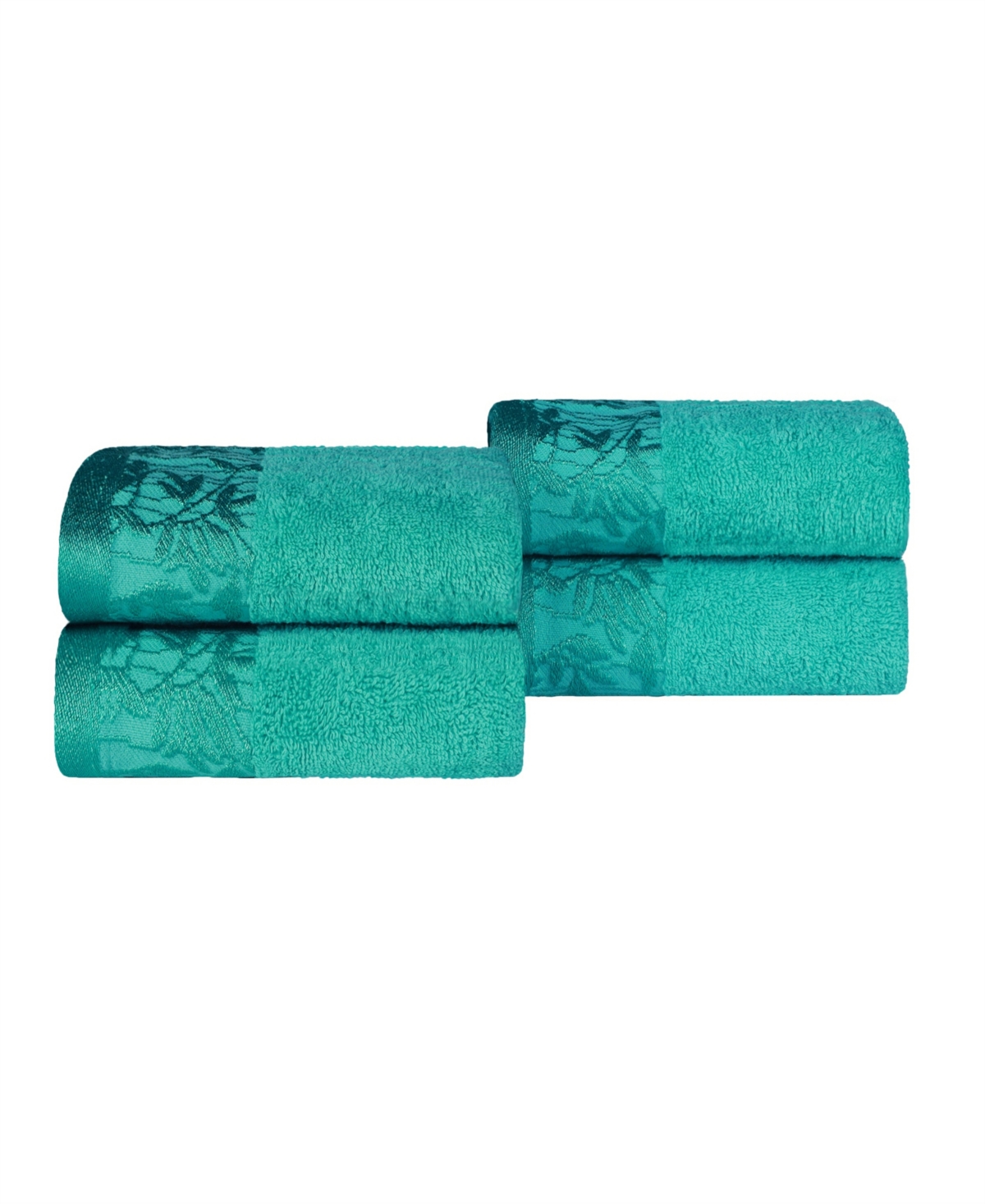 Superior Wisteria Floral Embroidered Jacquard Border Cotton 4 Piece Hand Towel Sets In Turquoise