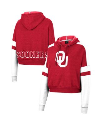 Women's Crimson Oklahoma Sooners Throwback Stripe Arch Logo Cropped Pullover Hoodie
