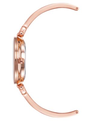 Women's Rose Gold-Tone Alloy Bangle with White Enamel and Crystal Accents Fashion Watch 33mm Set 3 Pieces
