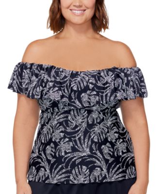 Island Escape Plus Size Printed La Flor Off-The-Shoulder Removable-Strap Underwire Tankini, Created for Macy's