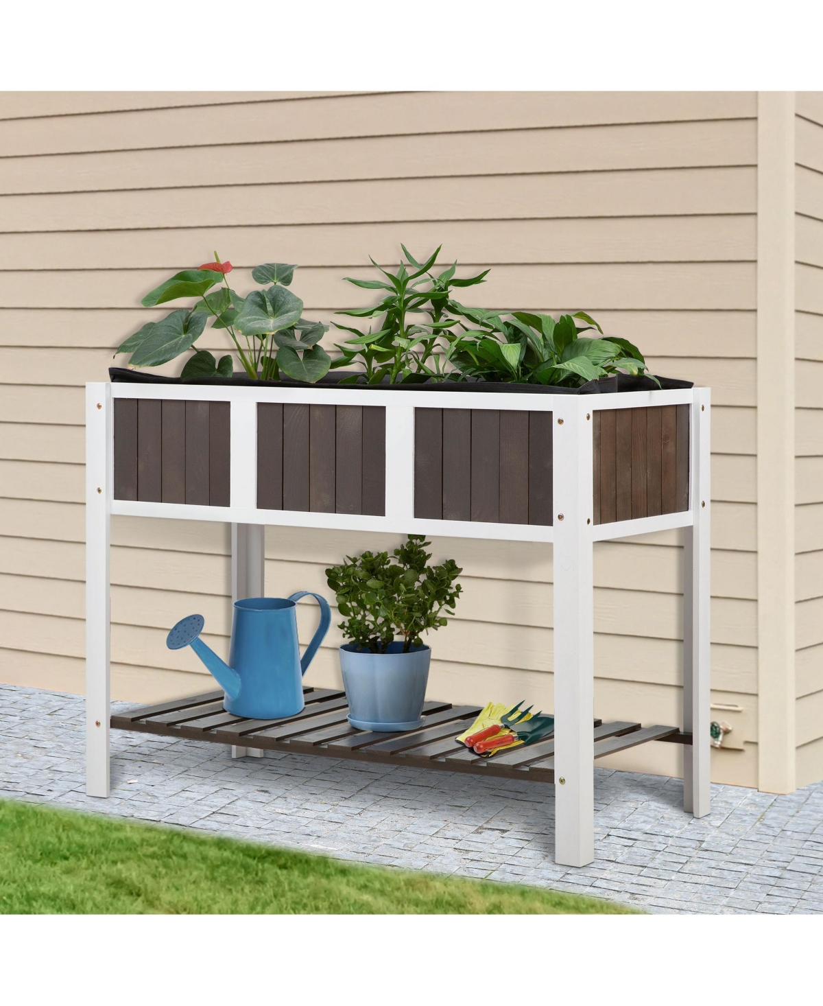 Outdoor Elevated Planter Box Wood Raised Garden Bed with Storage Shelf