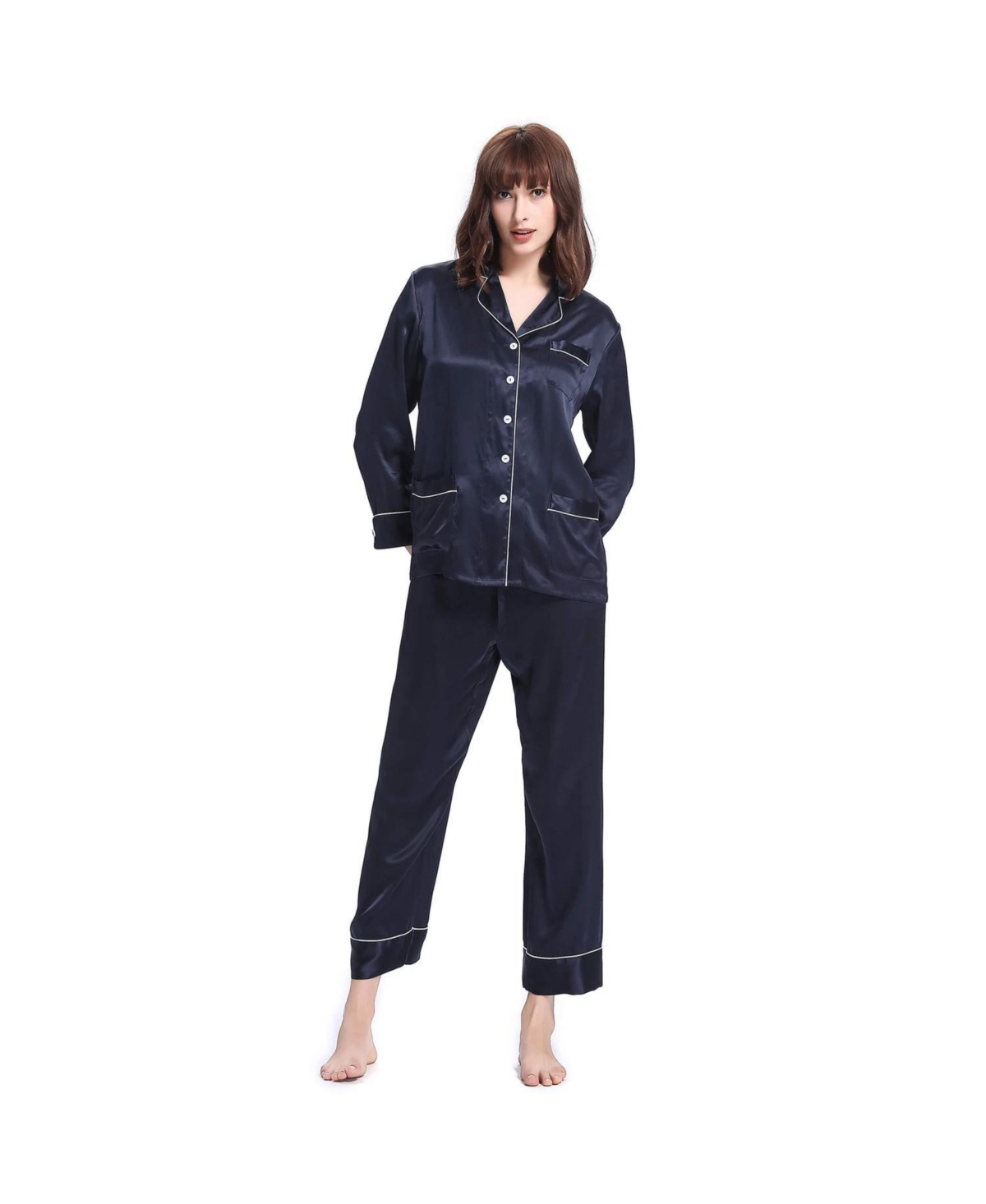 22 Momme Chic Trimmed Silk Pajama Set for Women - Navy Blue