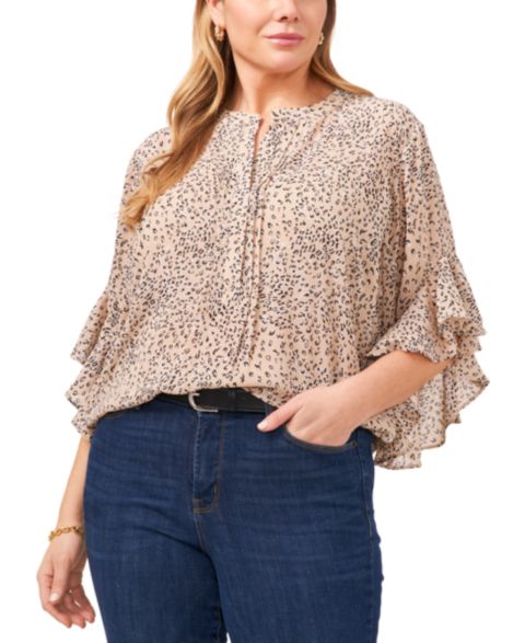 Женская блузка Vince Camuto Plus Size Cheetah-Print Pintuck V-Neck 3/4- Flutter-Sleeve Blouse, цвет: Верблюжий разноцветный