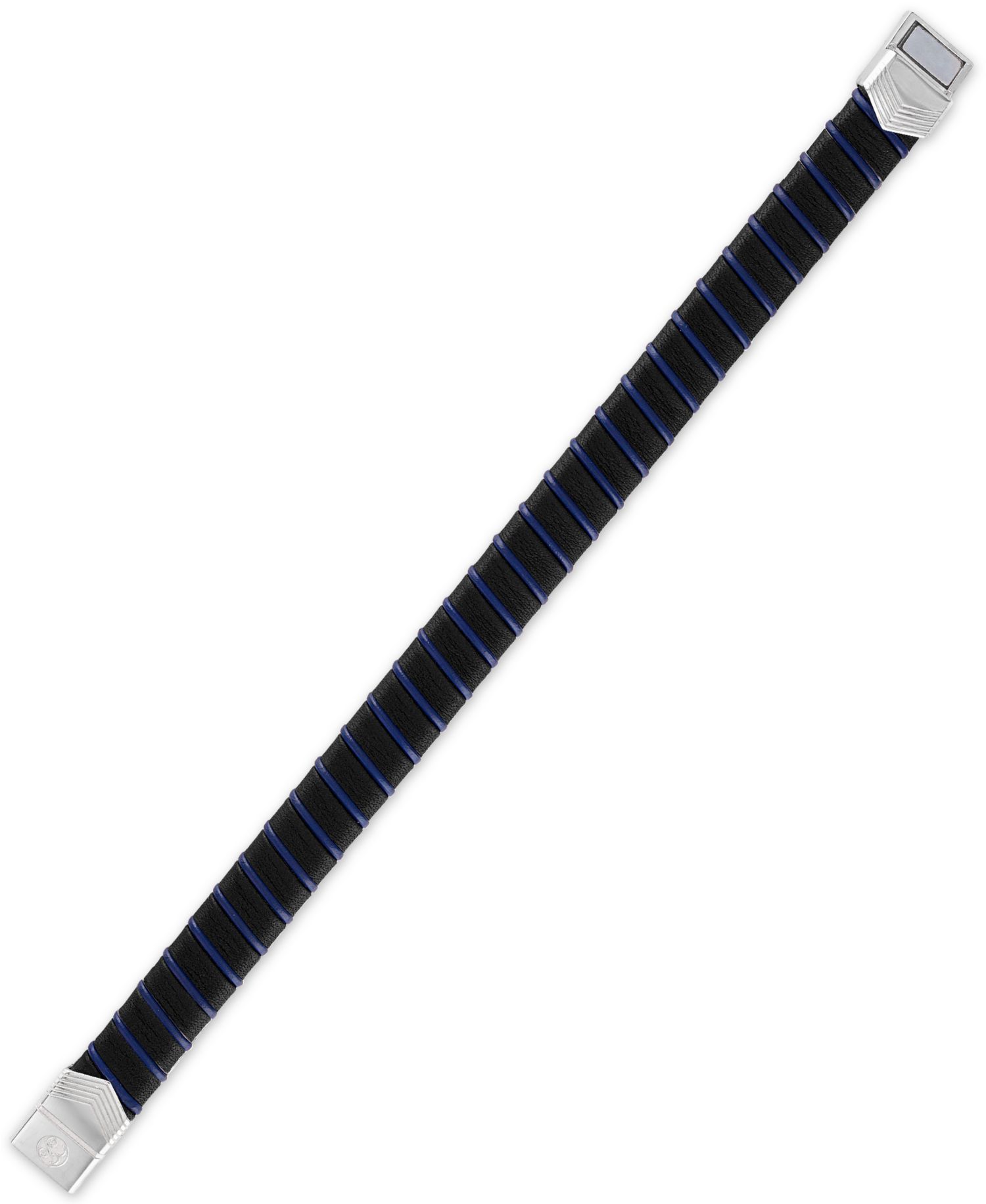 Woven Black & Blue Leather Bracelet in Sterling Silver