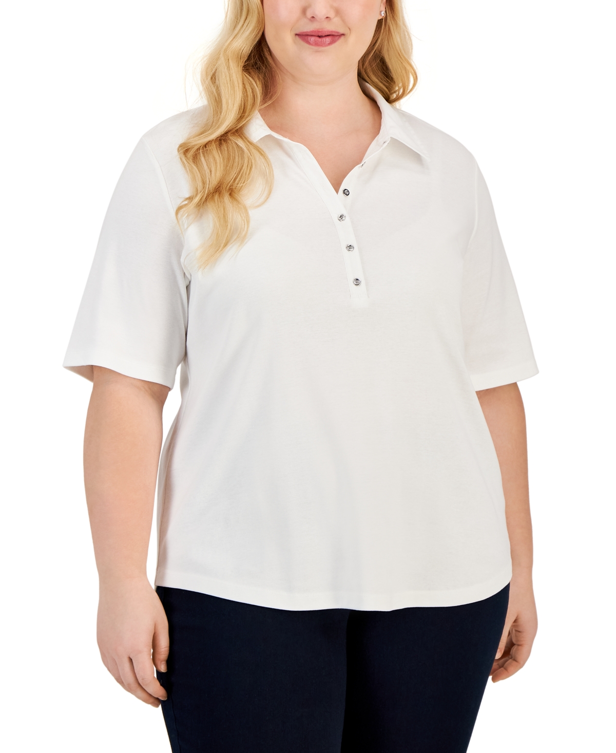 Karen Scott Plus Cotton Short-Sleeve Polo Shirt, Created for