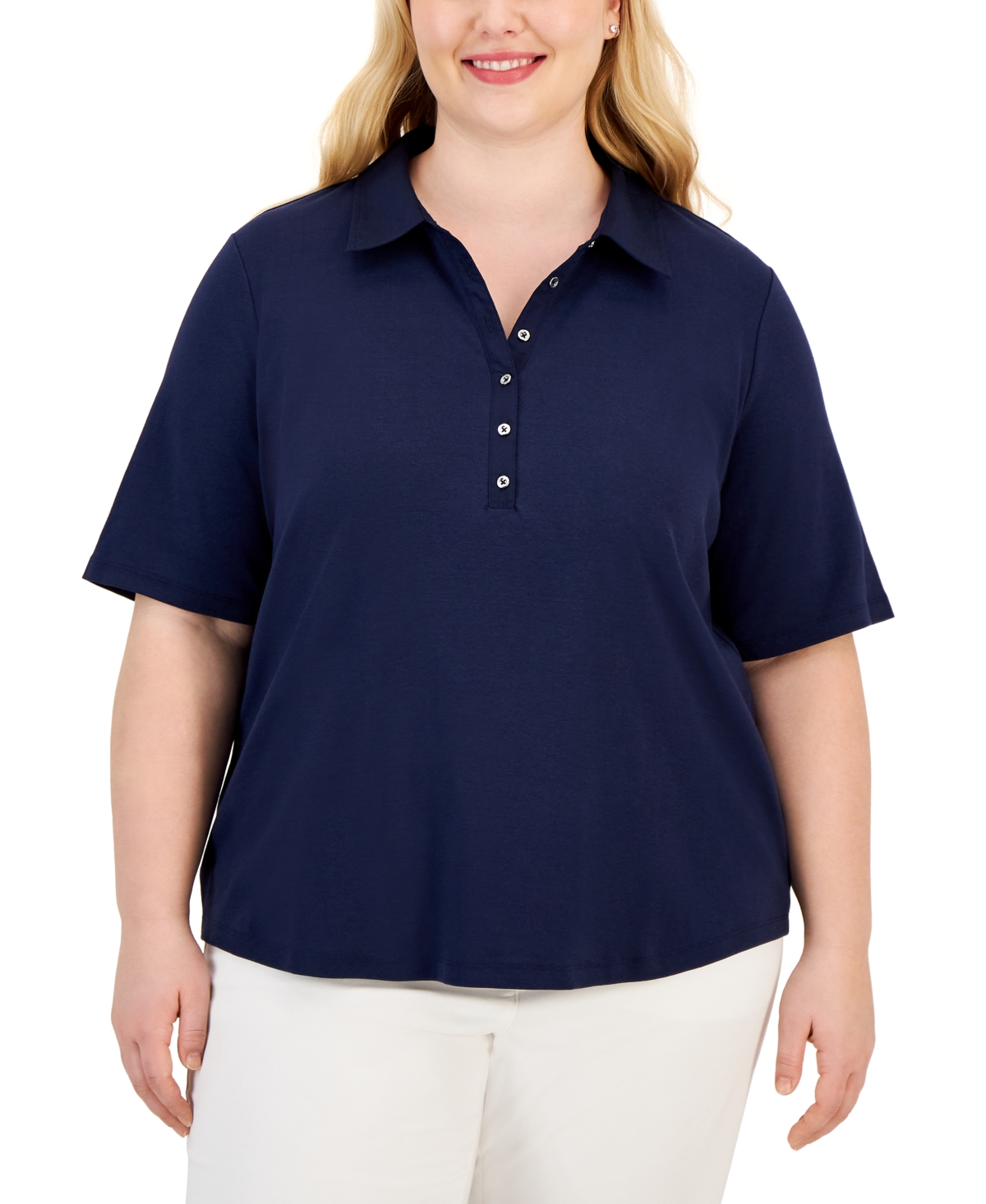 Karen Scott Plus Size Cotton Polo-collar Short-sleeve Top, Created For  Macy's In Intrepid Blue