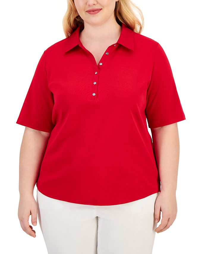 Karen Scott Plus Size Cotton PoloCollar ShortSleeve Top, Created for