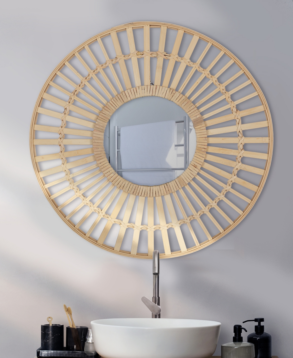Round Rattan Boho Decorative Wall Mirror, D