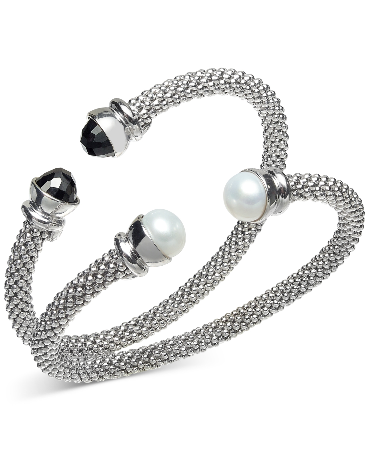 2-Pc. Set Cultured Freshwater Pearl (8 1/4 - 8 1/2mm) & Onyx Popcorn Cuff Bangle Bracelets in Sterling Silver - Sterling Silver