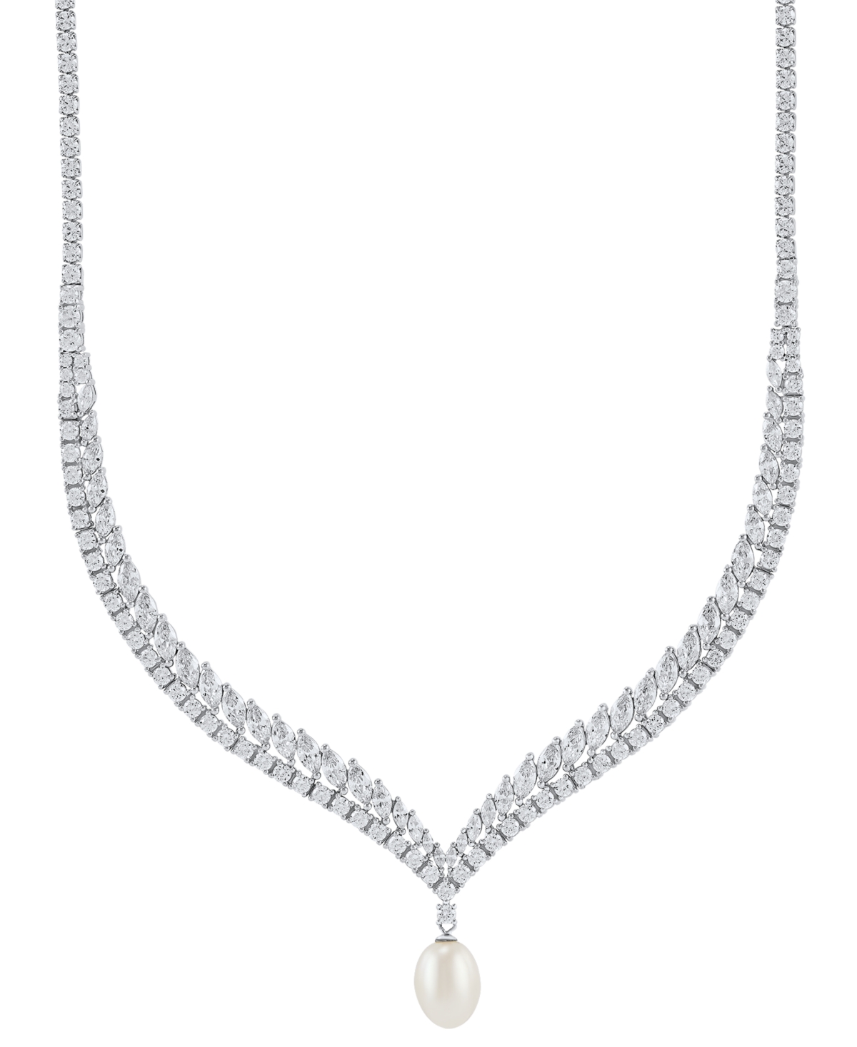 Arabella Cultured Freshwater Pearl (9x11mm) & Cubic Zirconia 17" Collar Necklace in Sterling Silver