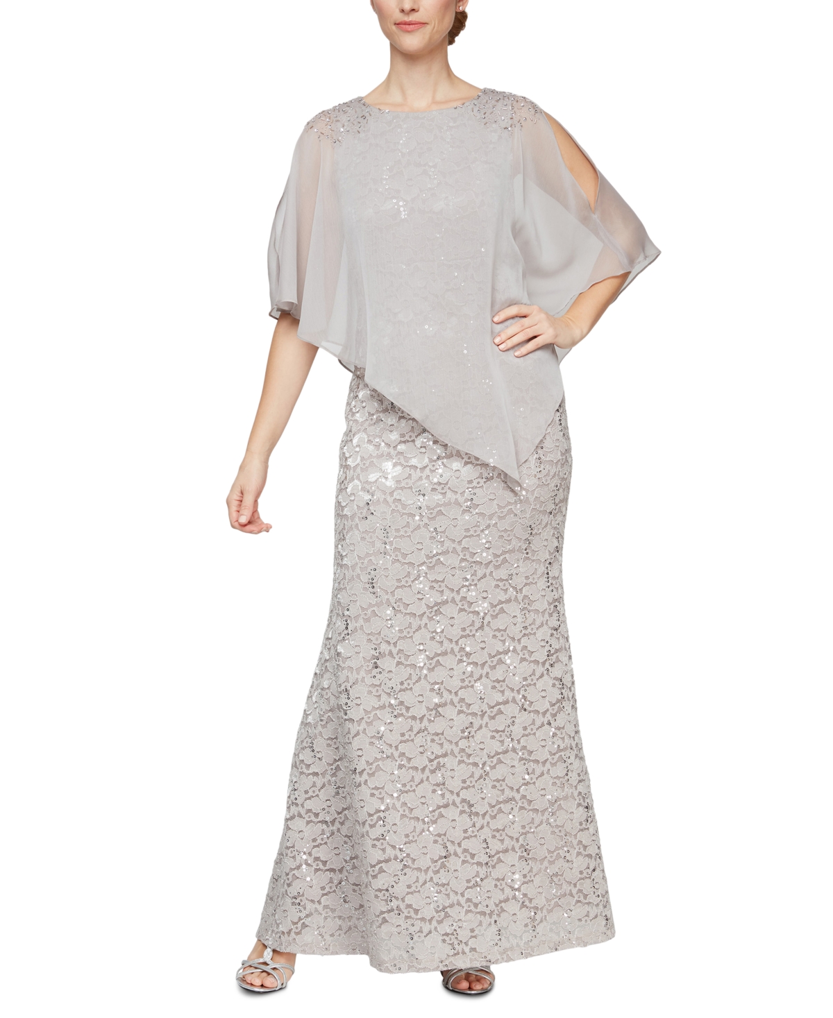 Sl Fashions Women's Sequin Lace Chiffon Caplet Gown