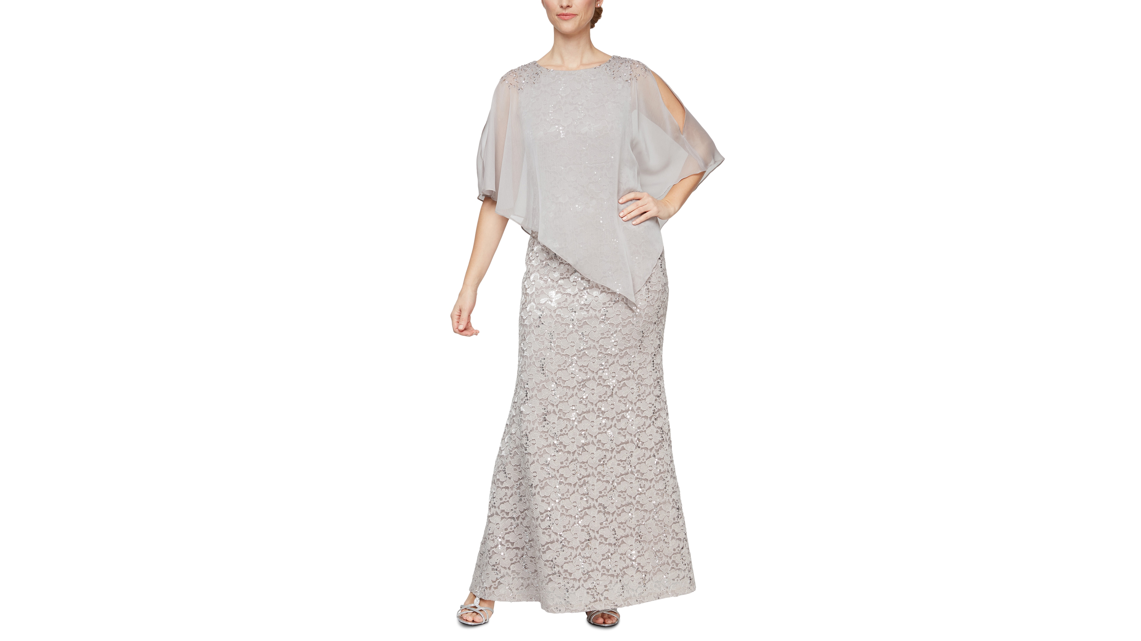 Sl Fashions Women's Sequin Lace Chiffon Caplet Gown