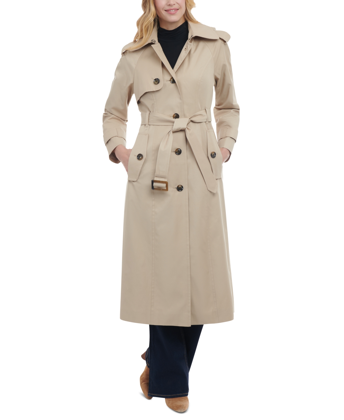 London Fog Women's Single-breasted Hooded Maxi Trench Coat In Stone ...