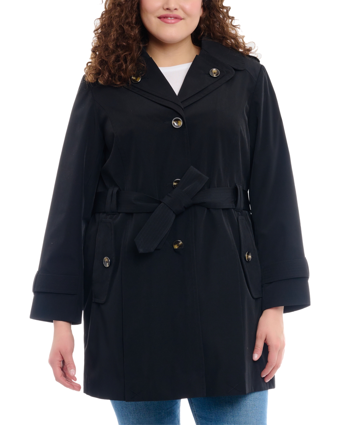 London Fog Women's Plus Size Hooded Belted Water-resistant Coat In Black