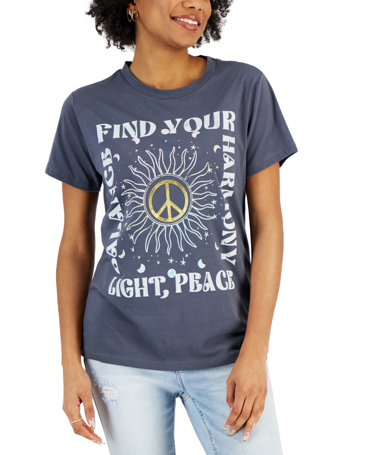 Grayson Threads Black Juniors' Find Your Harmony-graphic T-shirt In Gray