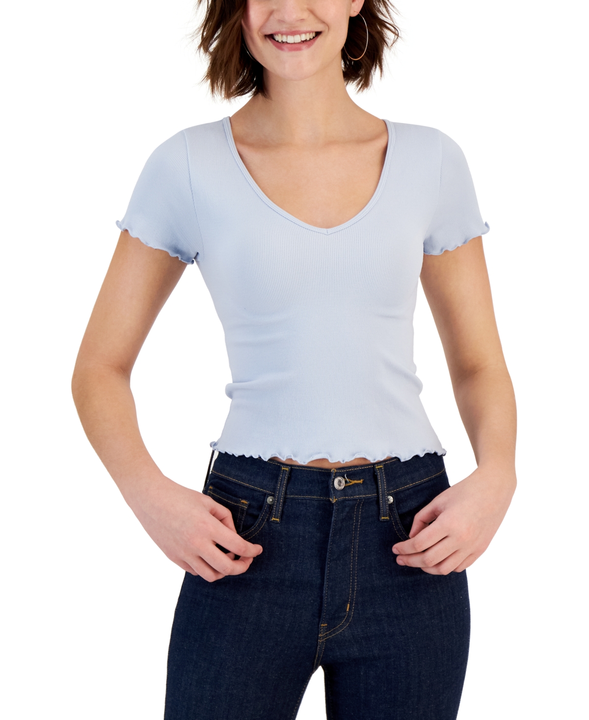 Derek Heart Juniors' Lettuce-Trim Seamless V-Neck Top