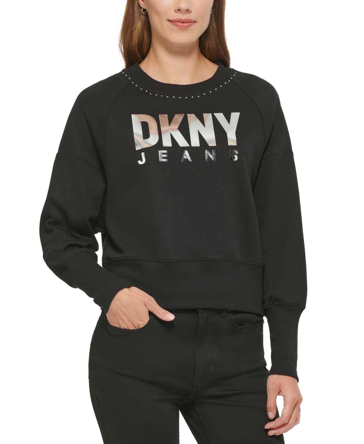  Dkny Jeans Women's Studded Crewneck Metallic Logo Sweatshirt