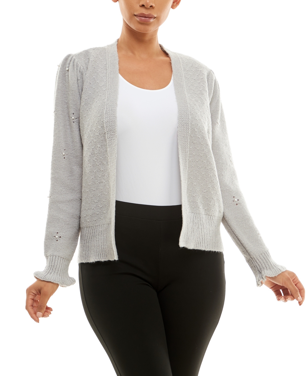 Women's Long Sleeve Novelty Stitch Front Sweater Cardigan with Imitation-Pearls - Light Gray Heather