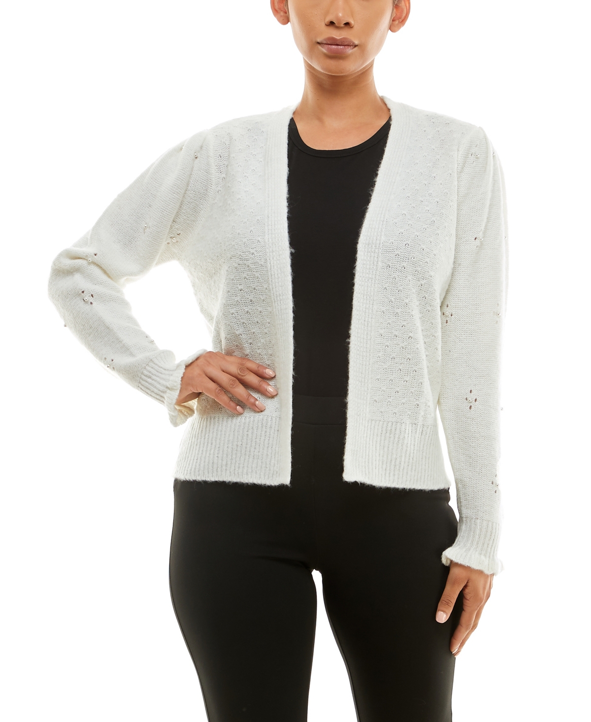 Adrienne Vittadini Women's Long Sleeve Novelty Stitch Front Sweater Cardigan With Imitation-pearls In Gardenia