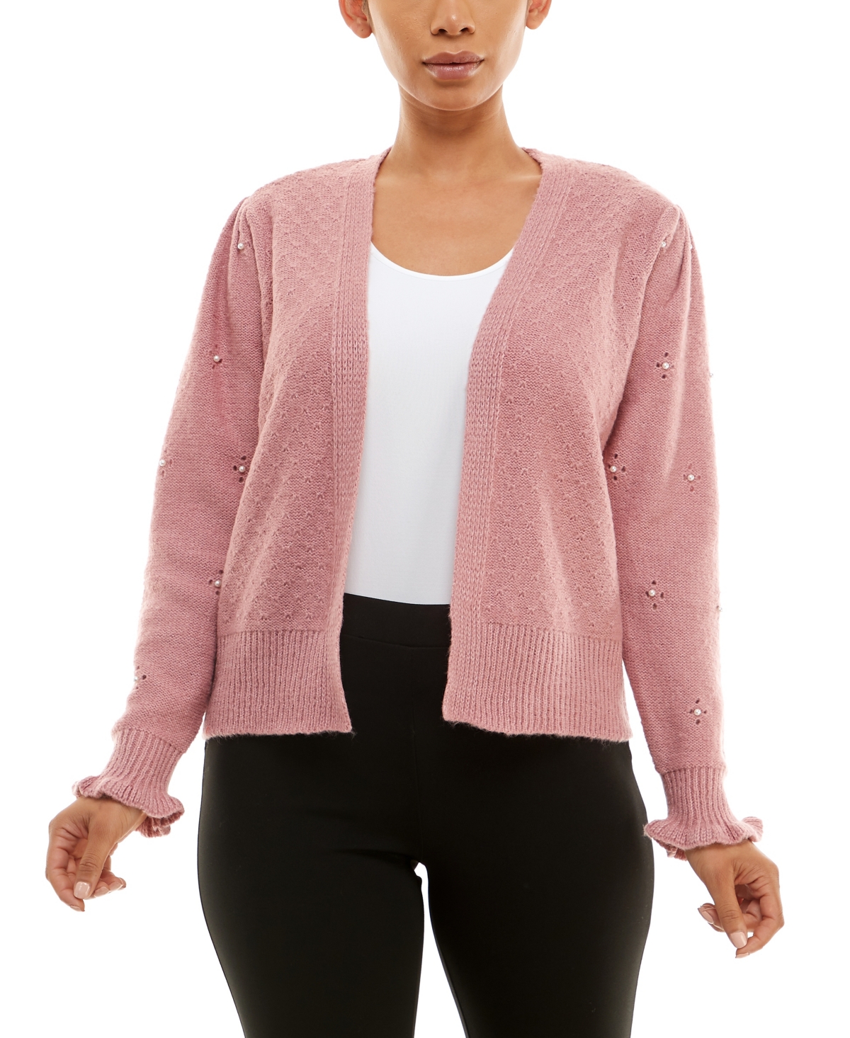 Adrienne Vittadini Women's Long Sleeve Novelty Stitch Front Sweater Cardigan With Imitation-pearls In Lilas
