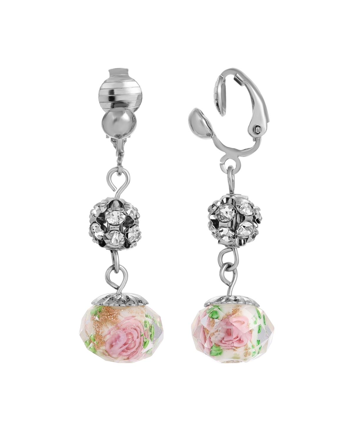 Crystal Pink Flower Beaded Clip Earrings - Pink